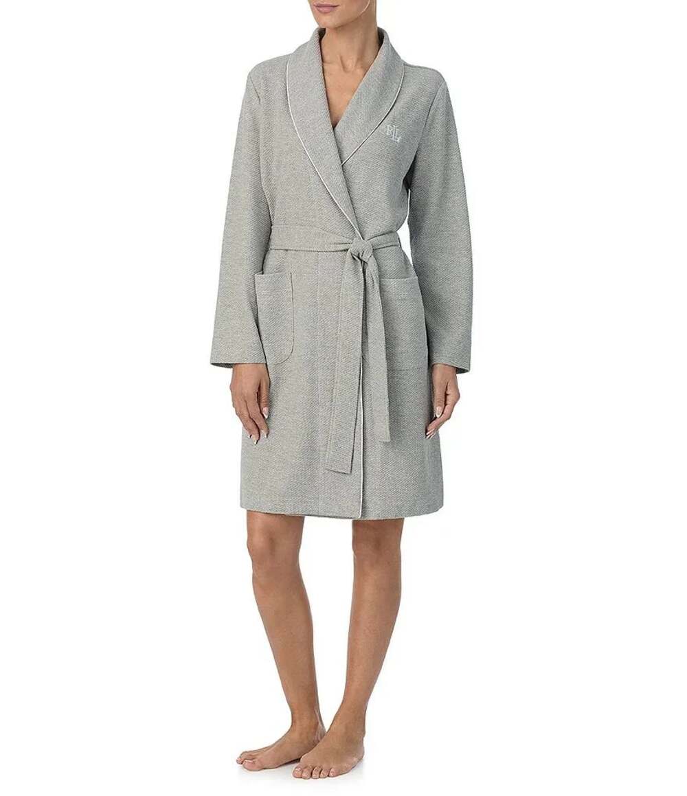 Lauren Ralph Lauren Gray Heather Cotton Blend Short Shawl-Collar Robe Size M